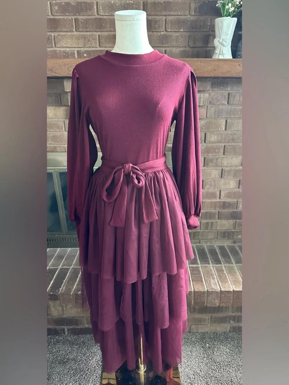 Ivy City Co Cosette Midi Dress Wine Red Ribbed Knit Tulle Ruffles Romantic Small - Picture 4 of 4